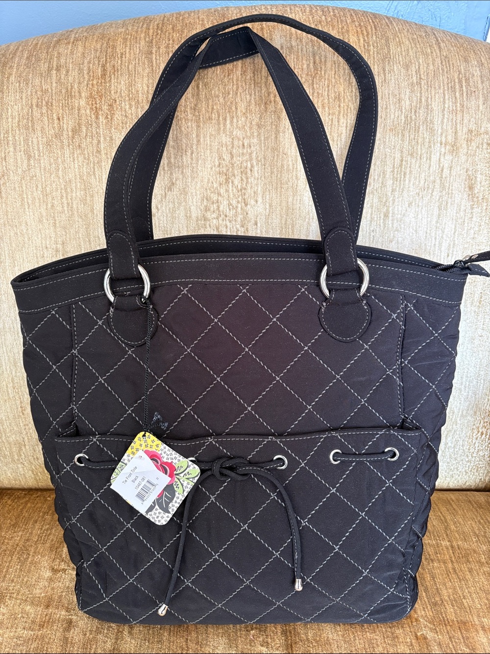 Vera Bradley Black Quilted Tote with Contrast Stitching